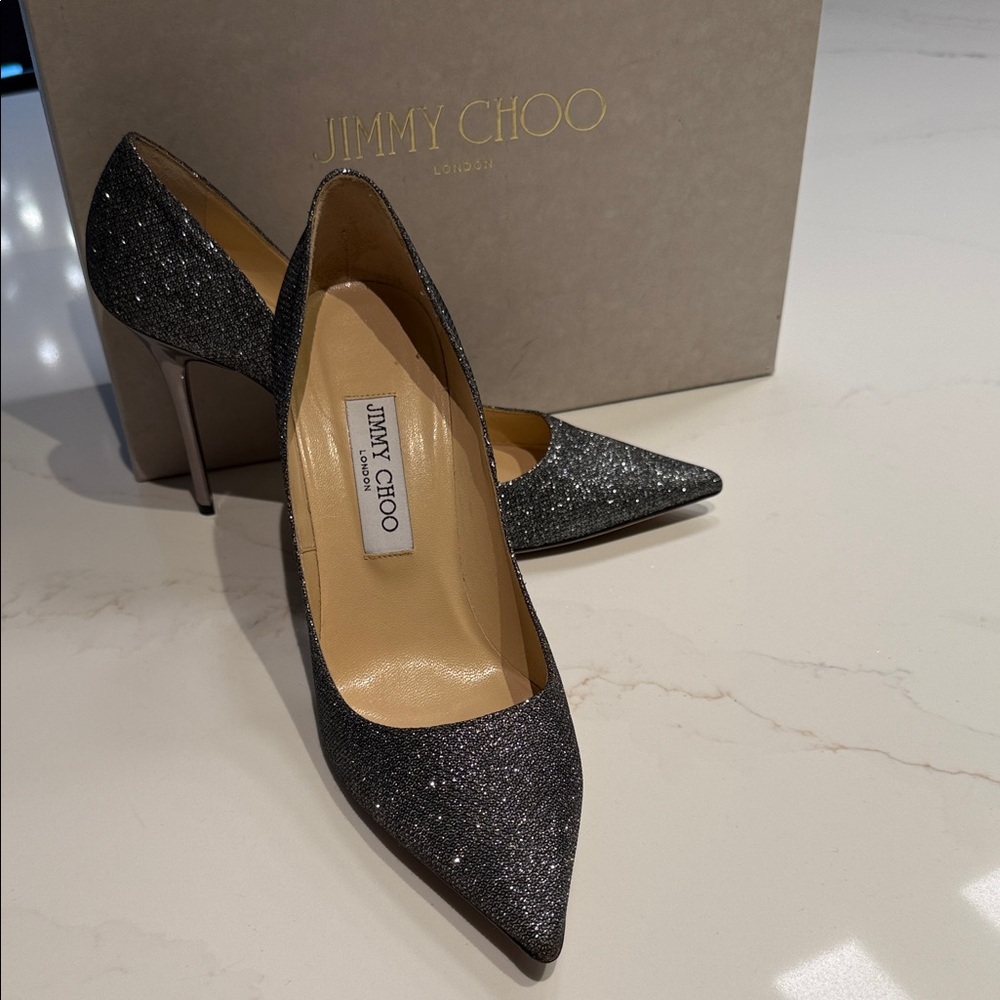 Jimmy Choo 100 Silver Glitter Heels